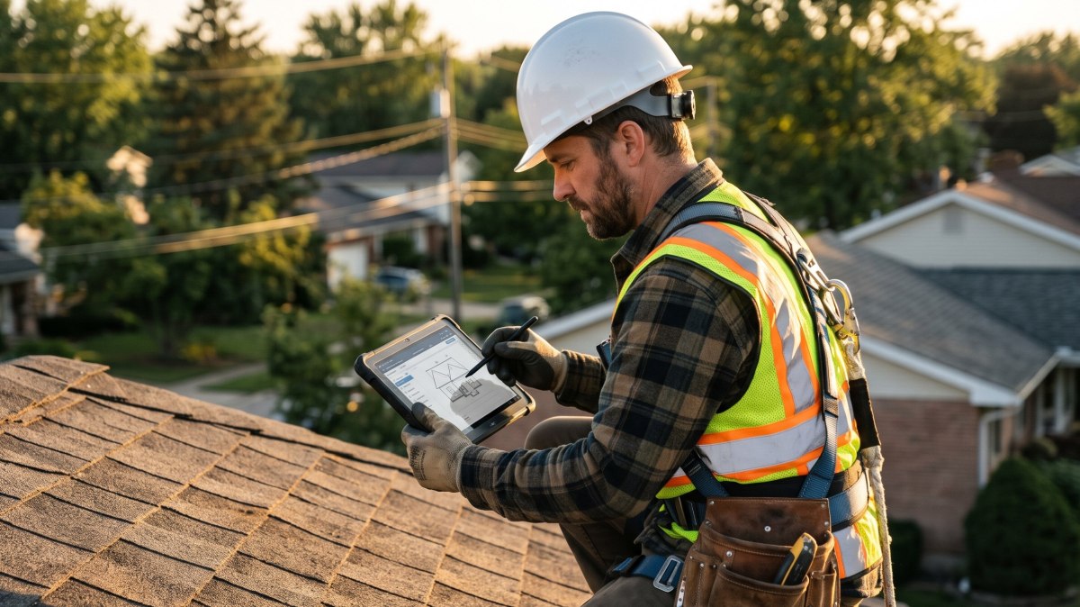 Roofer conducting field roof health inspection